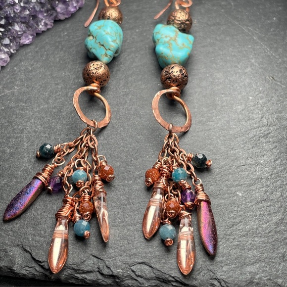 Artisan Turquoise Hand Wired Copper Fringe Dangle Earrings - Picture 3 of 14